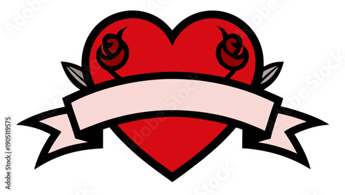 A stylized Romantic and Passionate Traditional Tattoo style vector illustration featuring a red heart with a customizable banner ribbon and roses.