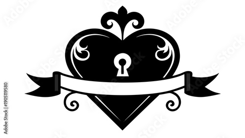 A mysterious and romantic vector illustration featuring an ornamental heart padlock with a keyhole and blank banner design