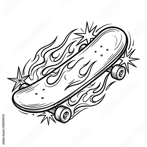 Black and white sketch of a skateboard with fiery flames and energetic starbursts, ideal for representing extreme sports and dynamic action.