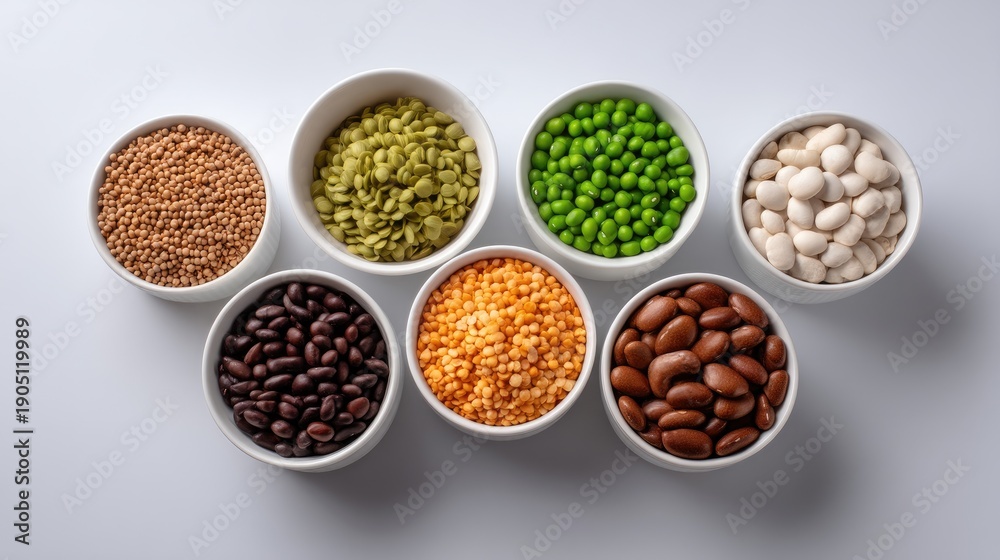 Fototapeta premium Assortment of Colorful Dried Beans and Seeds in White Bowls Arranged on a Clean Surface Ideal for Health and Nutrition Concepts