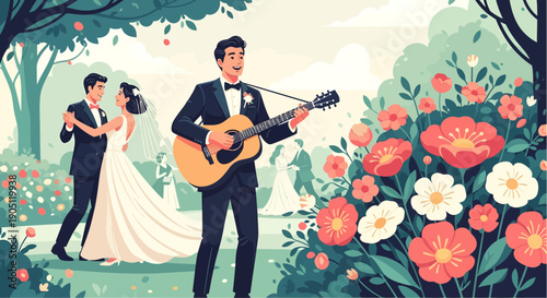 Wedding Serenade Musician Plays Guitar for Newlyweds in Floral Garden.