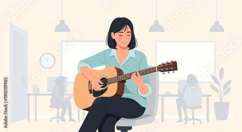 Woman playing acoustic guitar in a bright office setting.
