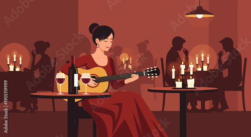 Woman serenading in restaurant with guitar wine and candlelight.