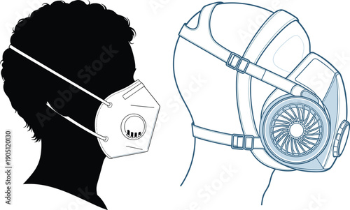 Vector, illustration, of, a, person, wearing, a, medical, N95, respirator, mask, and, a, technical, gas, mask, for, health, safety, and, industrial, protection, design, elements