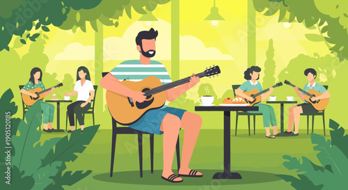 Man playing guitar in outdoor cafe with other musicians.