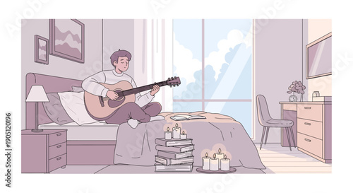 Man playing guitar on bed in cozy room illustration.
