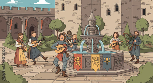 Renaissance Musicians Performing by a Fountain in a Courtyard.