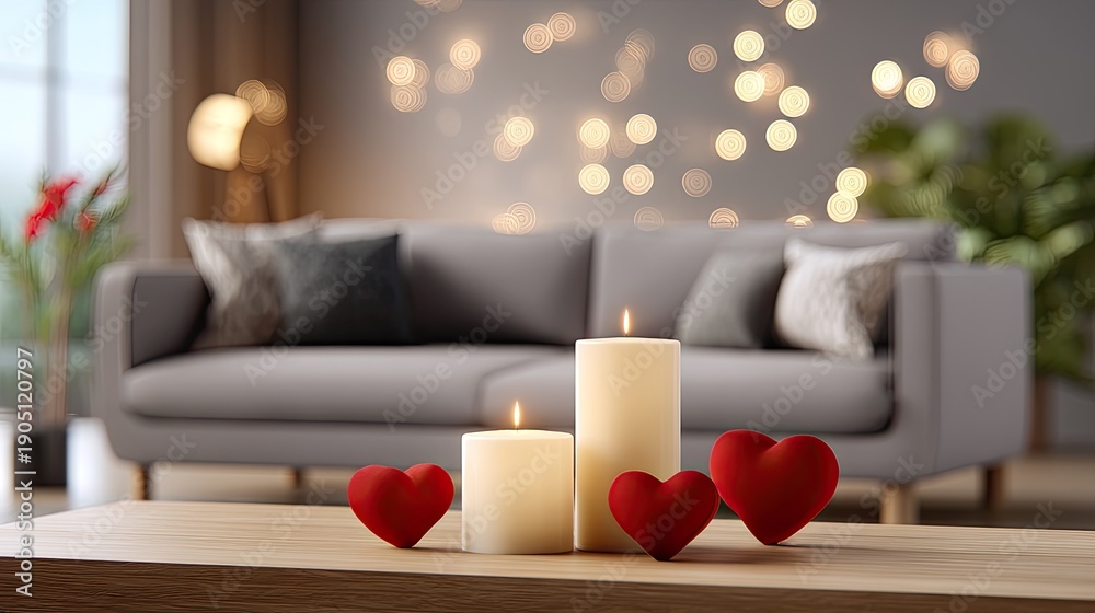 Fototapeta premium Cozy Living Room with Candles and Heart Decorations Creating a Romantic Atmosphere for Special Occasions and Celebrations