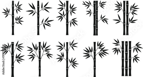 Black bamboo silhouettes collection, tropical plant stems and leaves vector set for zen nature designs, oriental botanical icons for asian heritage projects,