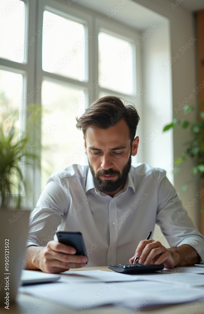 Fototapeta premium Man with beard reviews papers with phone and calculator. He checks numbers, works on finance in office. Serious worker calculates profit, expense, tax for business.