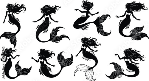 Black mermaid silhouettes set, mythical sea creature collection with long hair and fish tails, isolated vector illustrations for ocean fantasy themed designs