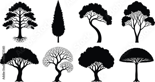 Black tree silhouettes set, nature collection featuring oak, cypress, and pine shapes, isolated vector illustrations for landscape design, environmental branding, and outdoor graphics,