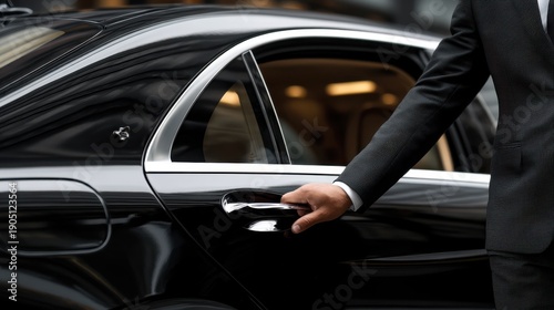 Chauffeur in a suit opening the back door of a luxury car
