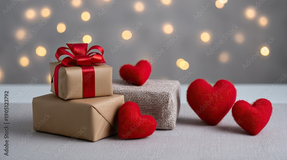 Fototapeta premium Beautifully Wrapped Gifts with Red Hearts Against Soft, Blurred Background for Celebrations and Romantic Occasions