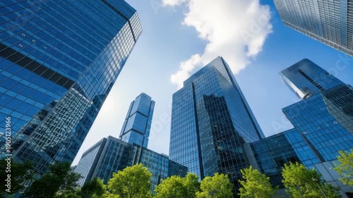 Low-angle Shot Of Modern Glass Skyscrapers In City Clear Blue Sky With Puffy Clouds In The Background Showing Commercial Real Estate Urban Development For Business Architecture Proje
