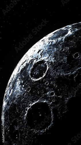 Celestial Odyssey: A captivating close-up of the moon's surface, its craters and textures elegantly illuminated against the backdrop of the star-studded cosmos.