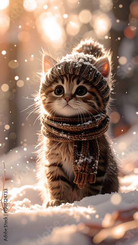 Winter Kitty: A darling kitten cozily bundled in a hat and scarf, delighting in a snowy wonderland. Capturing the pure joy and enchantment of winter. 