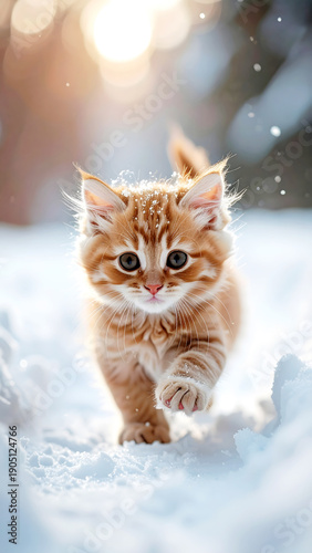 Winter Kitten's First Snowfall: A fluffy ginger kitten ventures out into a wonderland of fresh snow, its eyes wide with wonder as it takes its first steps in the winter wonderland. 