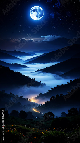 Nightscape Serenity: Under a luminous moon, a breathtaking panorama unfolds. Mountains loom, cloaked in shadows, as ethereal clouds waltz through valleys below. A symphony of quiet beauty.