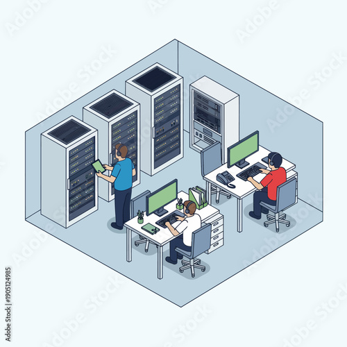 Isometric illustration of a data center with IT professionals working.