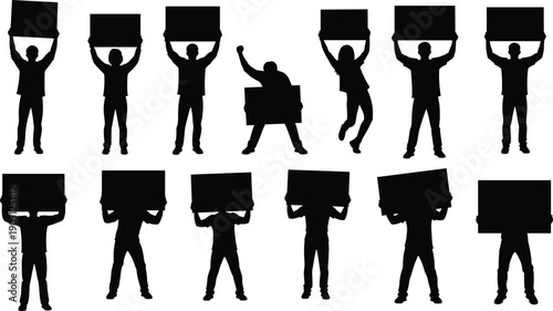 Protesters silhouette set holding blank signs and banners, demonstration crowd poses for activism marketing messages and social awareness campaigns isolated on white background illustration
