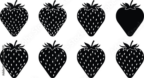 Strawberry silhouette icon set in black and white, fresh fruit symbols collection, minimal vector illustration for food design, packaging, branding, healthy nutrition concepts