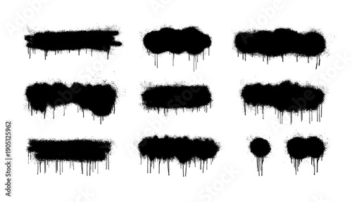 Black Spray Paint Drip Blobs Set on White Background. Graffiti paint blotches with drips and overspray. Aerosol texture, smudges and drops. Graffiti Spray texture in street art style. Vector graphic