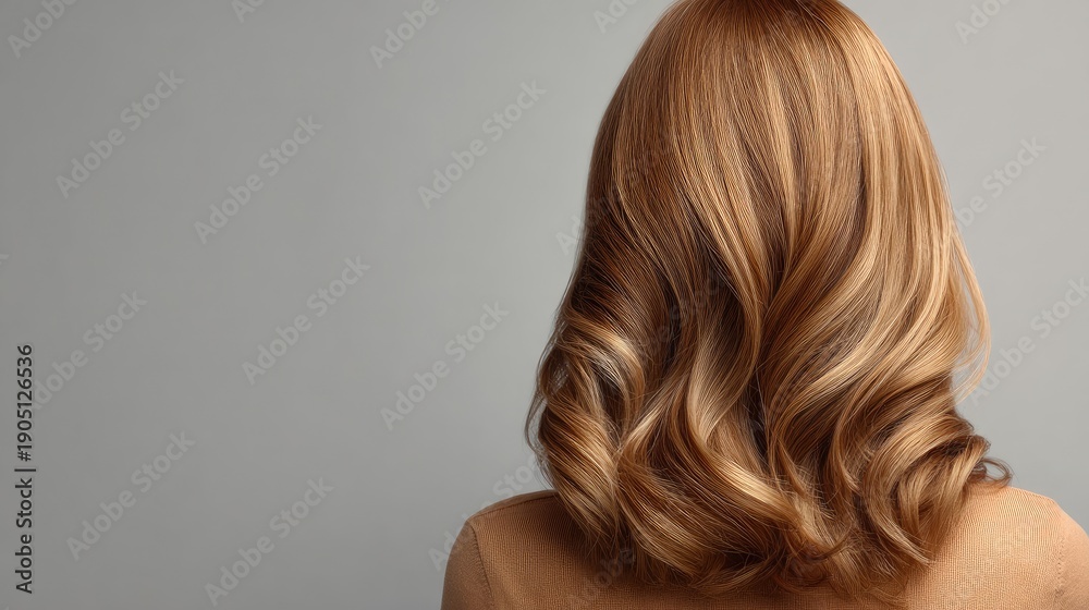 Fototapeta premium Beautiful long wavy hair of a woman in soft brown tones against a neutral gray background, showcasing healthy and shiny hair texture and movement