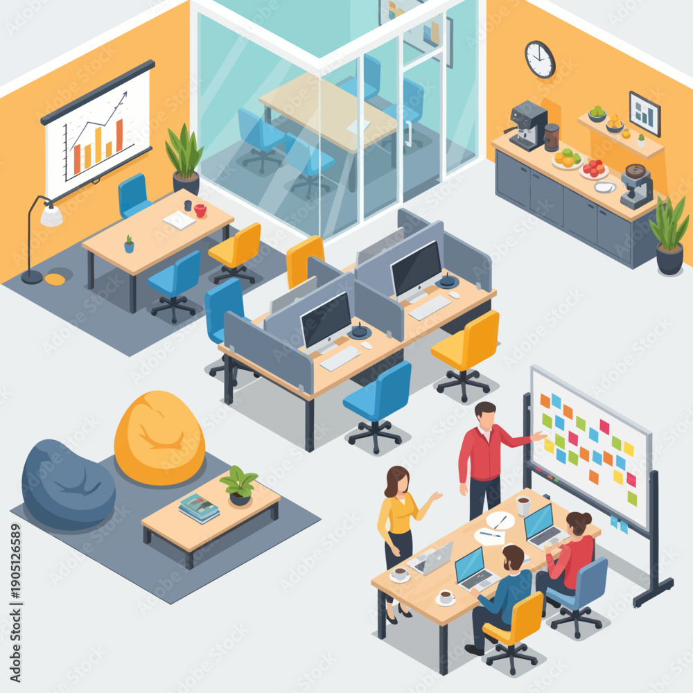 Obraz premium Modern Office Space with Collaborative Work Environment and Team Discussion.