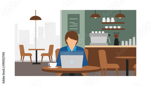 Woman working in cafe laptop remote job