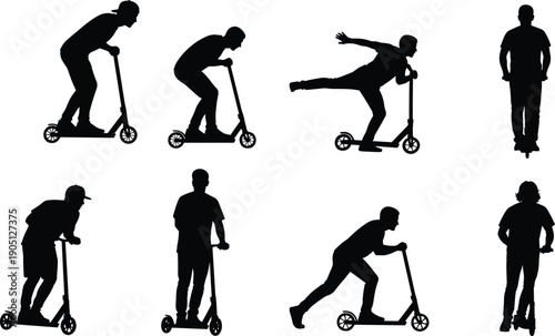 Kick scooter riders silhouette set showing kids and teens riding performing balance tricks and motion poses, urban recreation and outdoor activity concept isolated on white background illustration