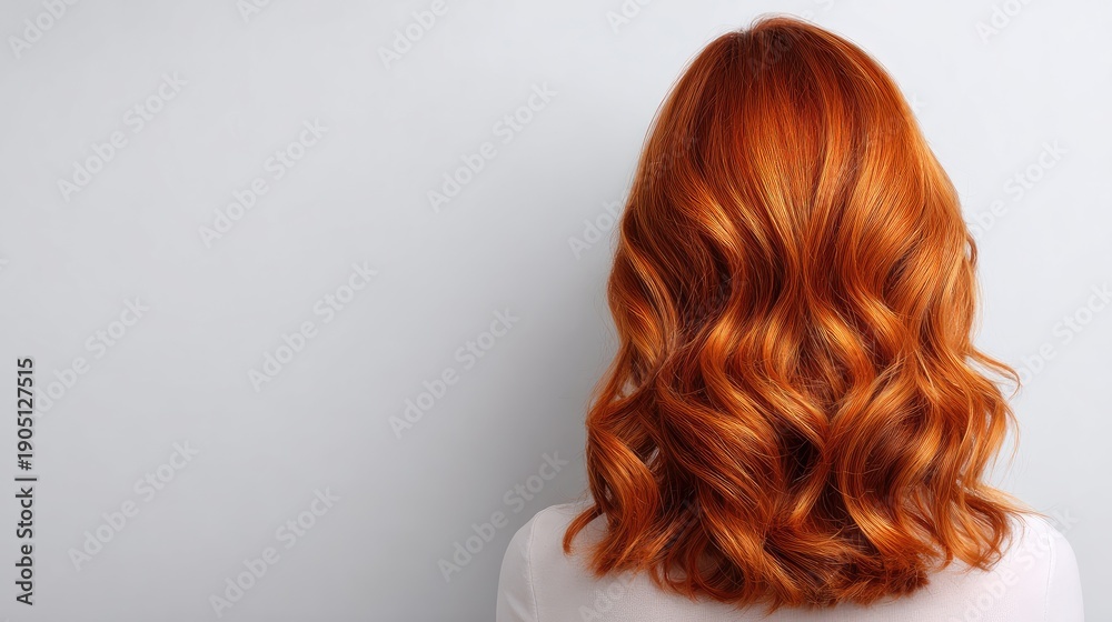 Naklejka premium Beautiful Back View of Woman with Vibrant Orange Curly Hair Against a Soft Gray Background, Showcasing Luscious Waves and Rich Color Depth