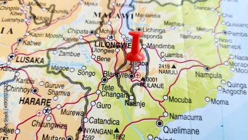Fotografie View of Blantyre, City in Malawi, on a geographical map of Africa, marked with a red push pin
