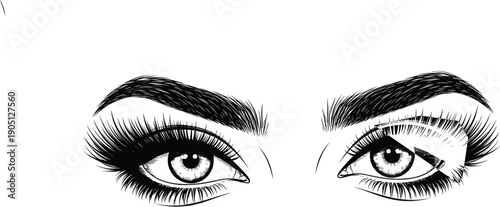 Detailed Vector Illustration of Beautiful Female Eyes with Long Eyelashes and Shaped Eyebrows for Beauty Salon Makeup Cosmetics Eyelash Extension and Fashion Branding,