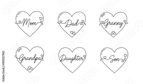 A set of heart-shaped family member icons with elegant line art design