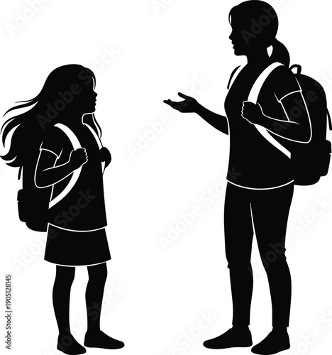 Mother talking to schoolgirl with backpacks silhouette, parent child conversation on education, safety guidance and daily routine concept on white background illustration isolated