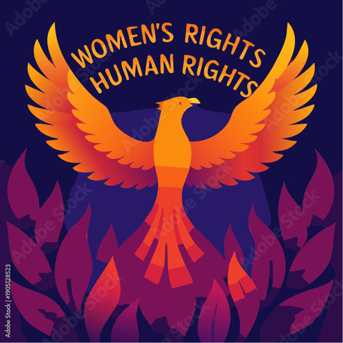 rising phoenix in vibrant flames supporting women’s rights as human rights through bold modern advocacy illustration
