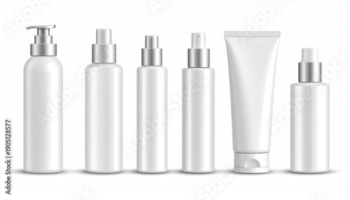 Collection of various white cosmetic containers with silver tops, arranged on a white background