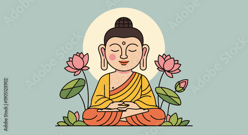 Buddha Meditating with Lotus Flowers.