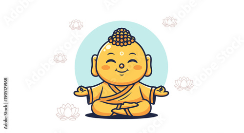 Smiling Buddhist Monk Meditating in Lotus Position.