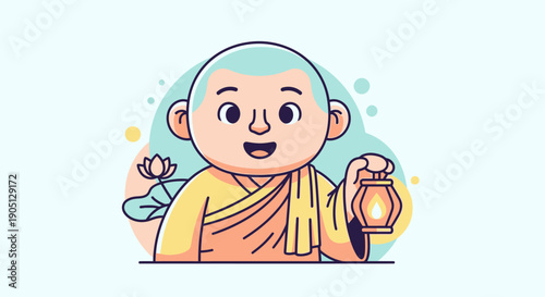 Schilderij op canvas Smiling Buddhist Monk Holding Lantern.