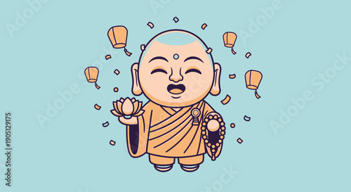 Smiling Buddhist Monk with Lanterns.