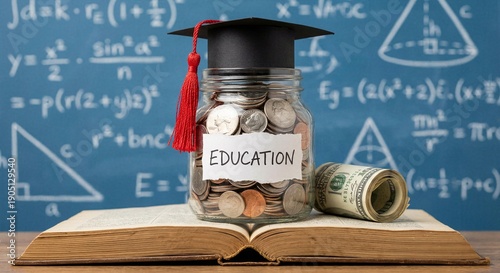 Education savings concept featuring glass jar full of coins labeled EDUCATION next to graduation cap and money rolls on book for tuition