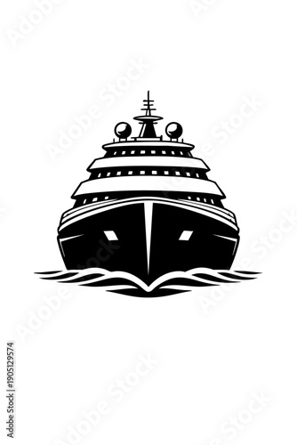 Front view of a yacht with symmetrical composition, sharp bow