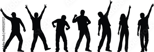 Dancing people silhouette set with men and women celebrating, energetic party poses and happy movement collection expressing fun nightlife and freedom isolated on white background illustration