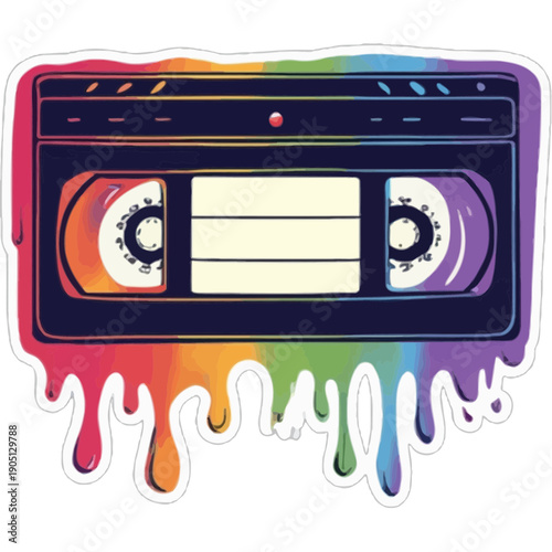 VHS Tape Melting into Rainbow Liquid Sticker | Vaporwave Retro VHS Illustration | Melting VHS Cassette Kawaii Sticker Art | Psychedelic Rainbow VHS Sticker Design | Nostalgic Vaporwave VHS Tape