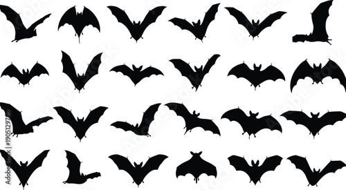 Collection of flying bat silhouettes set for Halloween decorations, spooky nocturnal animal vector illustration for gothic party flyers and mystery design projects