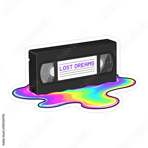 VHS Tape Melting into Rainbow Liquid Sticker | Vaporwave Retro VHS Illustration | Melting VHS Cassette Kawaii Sticker Art | Psychedelic Rainbow VHS Sticker Design | Nostalgic Vaporwave VHS Tape