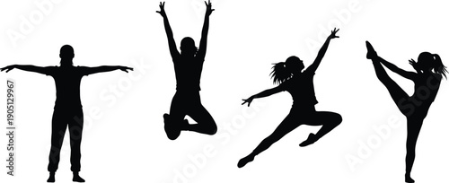 Dynamic dance silhouette set featuring male and female performers jumping, balancing and stretching, modern ballet and fitness motion concepts isolated on white background