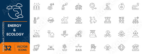 Energy and Ecology Icon Set. Containing Sustainable, Renewable, Nature, Power, Environment and more. Editable vector Line icons collection.